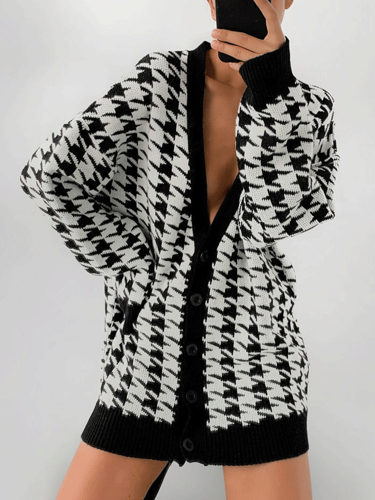 Knitted Houndstooth V Neck Cardigan