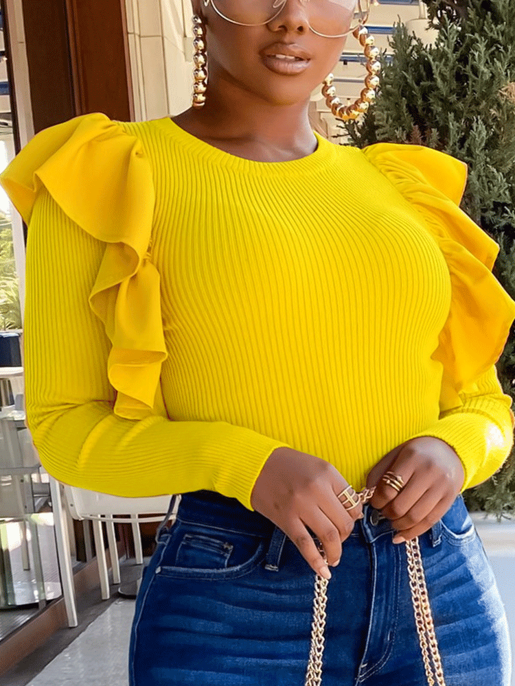 Knit Ruffle Sleeve Solid Tops
