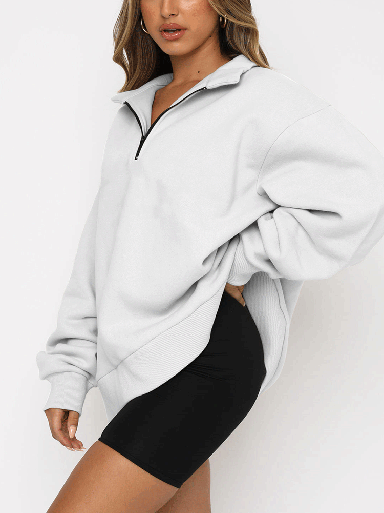 Zip V Neck Long Sleeve Pullover Top