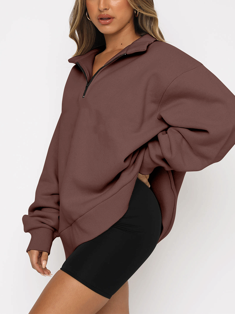 Zip V Neck Long Sleeve Pullover Top