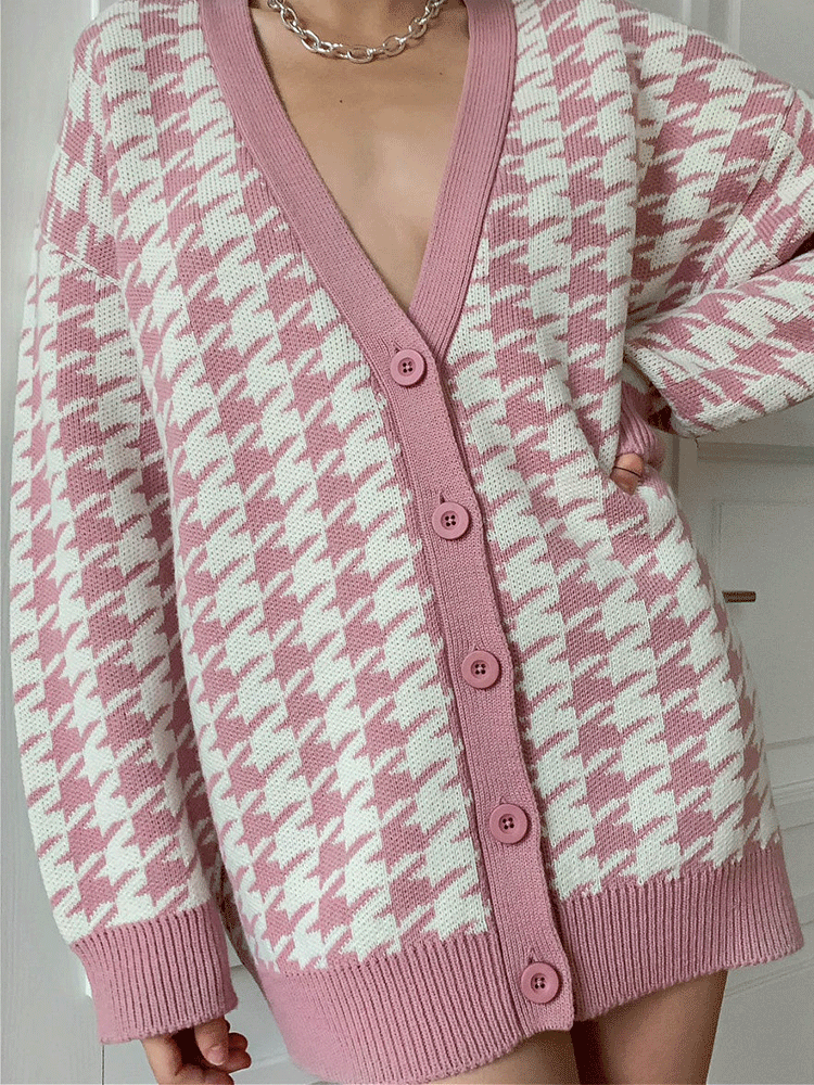 Knitted Houndstooth V Neck Cardigan