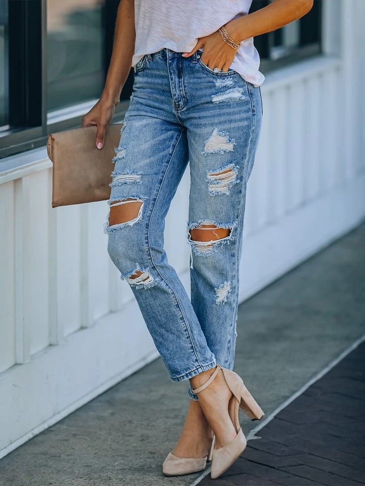 High Waist Ripped Straight Jeans