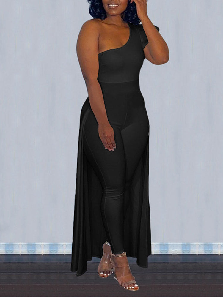 Oblique Shoulder Collar Cape Jumpsuit
