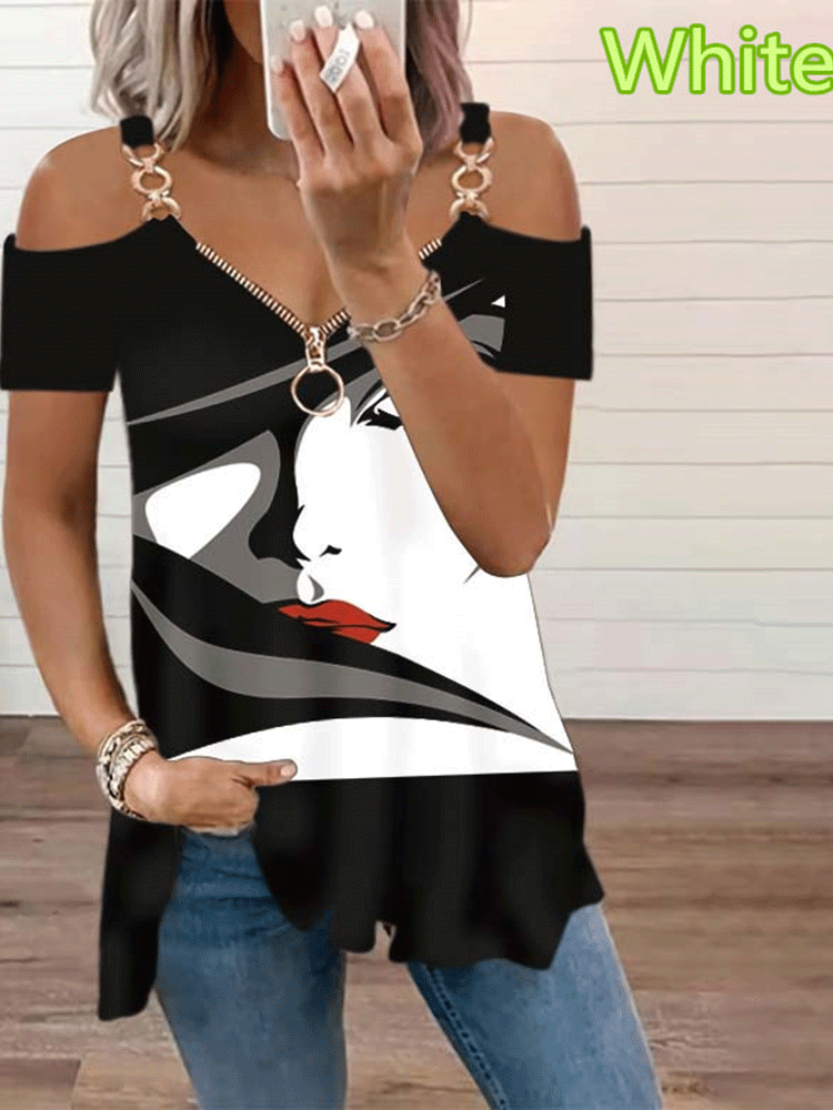 Off Shoulder Zip V Neck Top