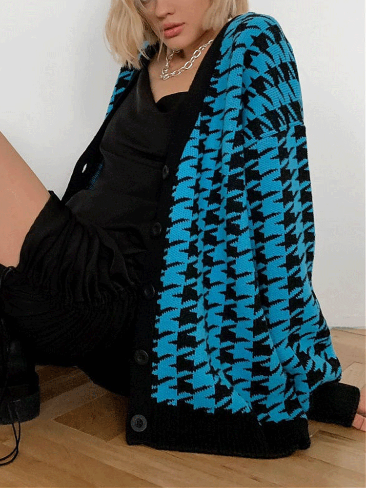 Knitted Houndstooth V Neck Cardigan