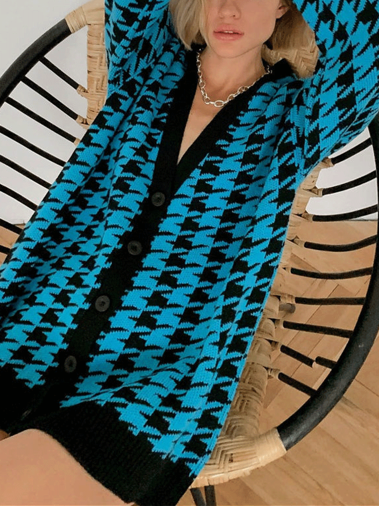Knitted Houndstooth V Neck Cardigan
