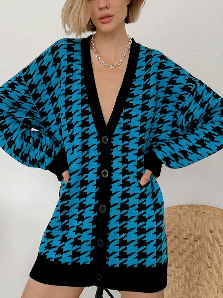 Knitted Houndstooth V Neck Cardigan