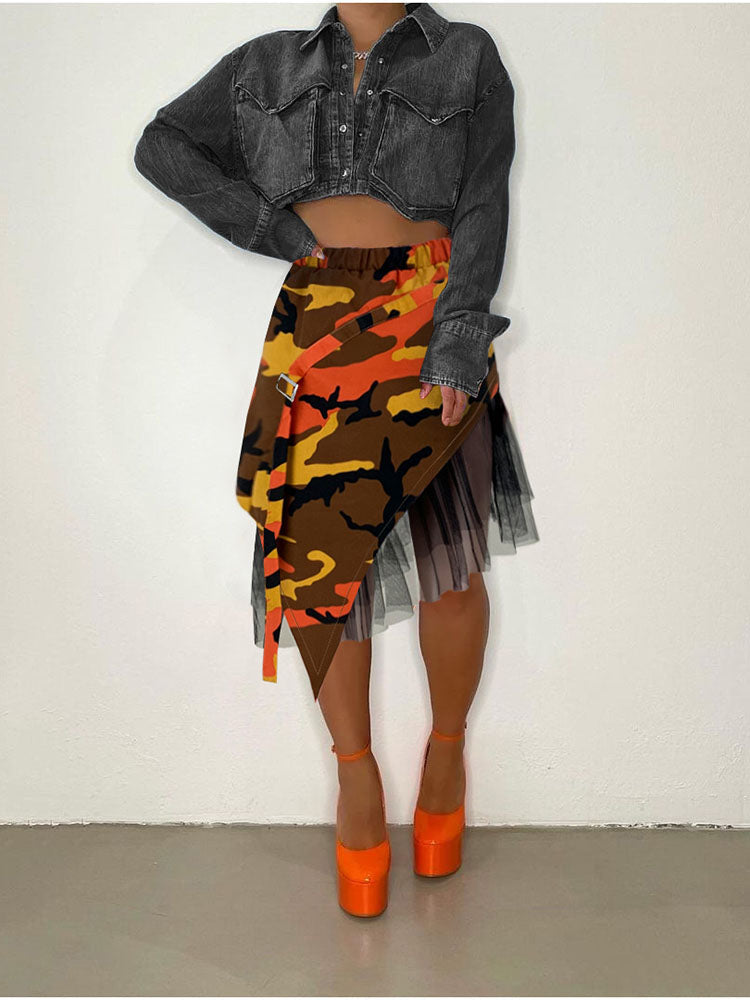 Camouflage Mesh Patchwork Irregular Skirt