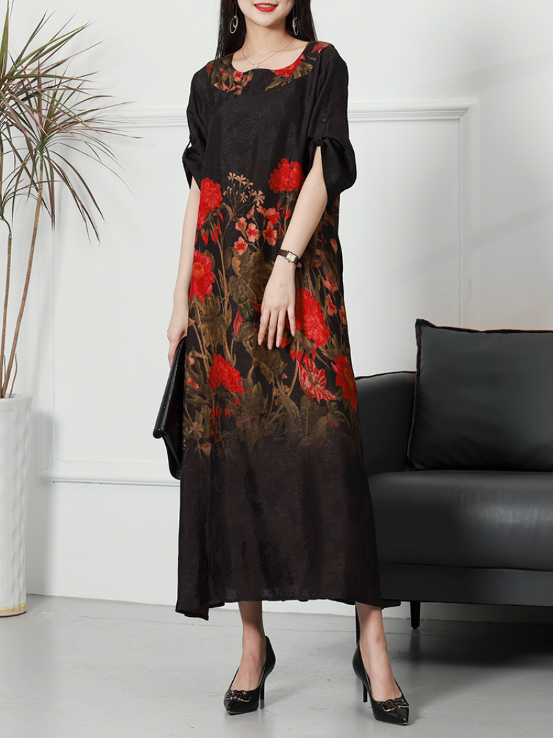 Women's Summer Rayon Round Neck Flowers Print Loose Midi-Dress