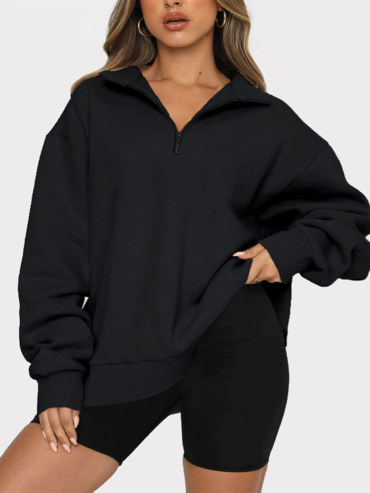 Zip V Neck Long Sleeve Pullover Top