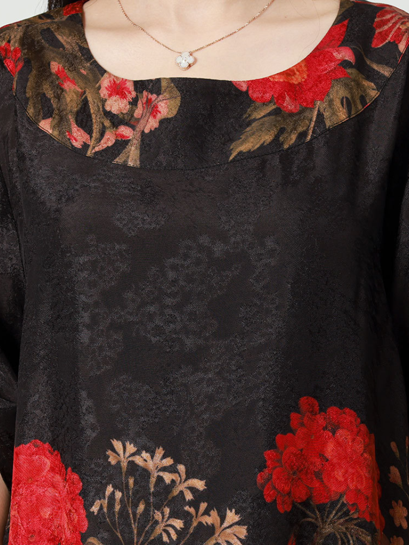 Women's Summer Rayon Round Neck Flowers Print Loose Midi-Dress
