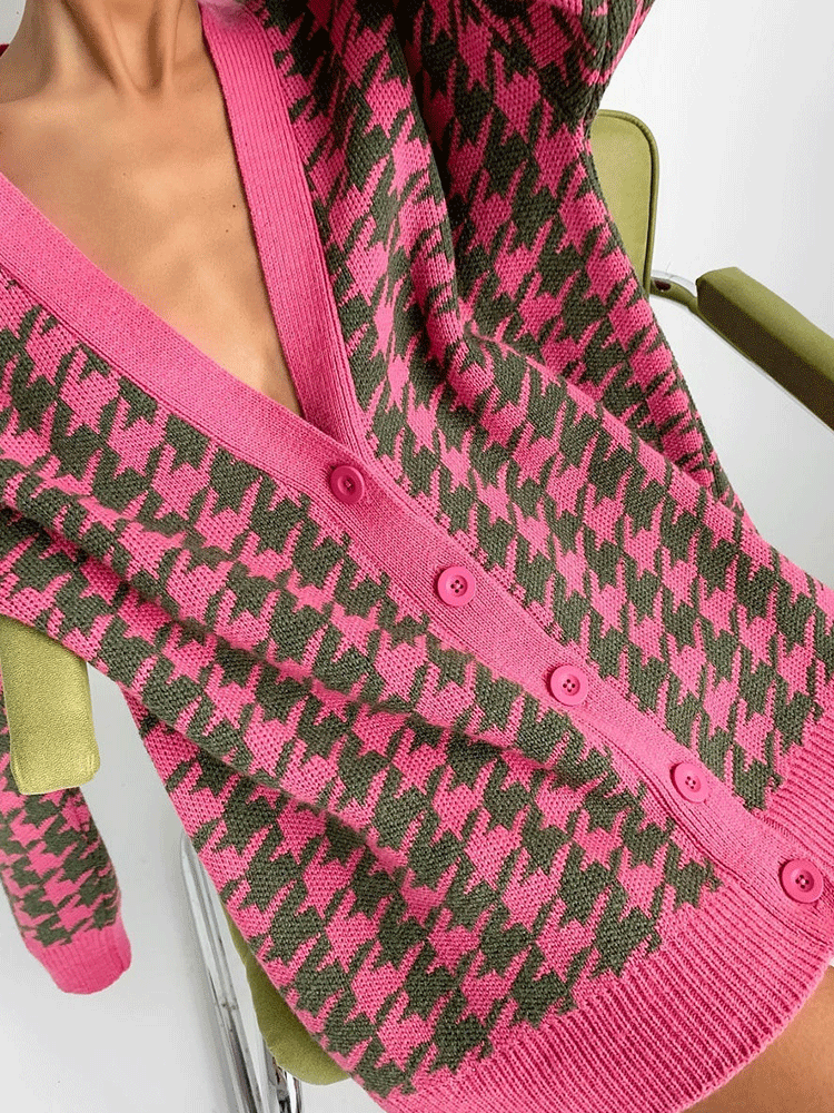 Knitted Houndstooth V Neck Cardigan