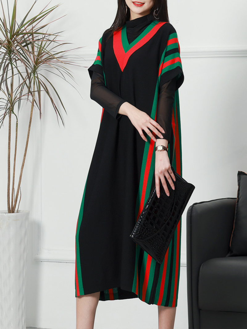 Women's Summer New Stylish Striped Long Bat Sleeve Knitted Midi-Dress