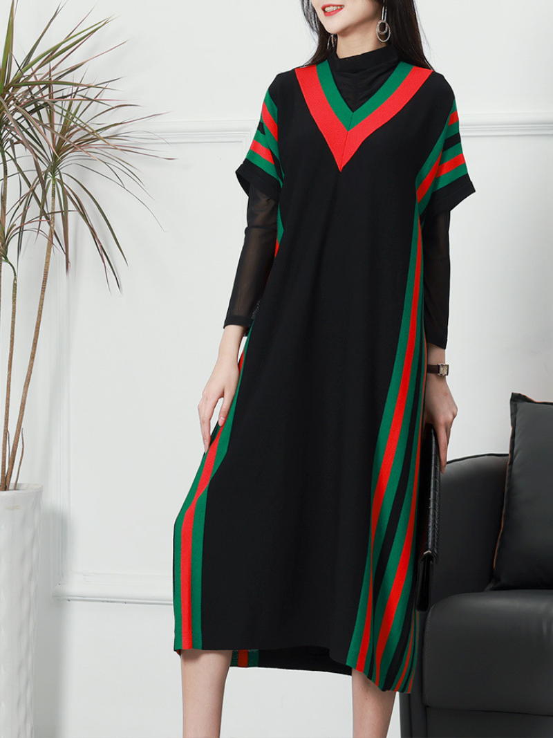 Women's Summer New Stylish Striped Long Bat Sleeve Knitted Midi-Dress