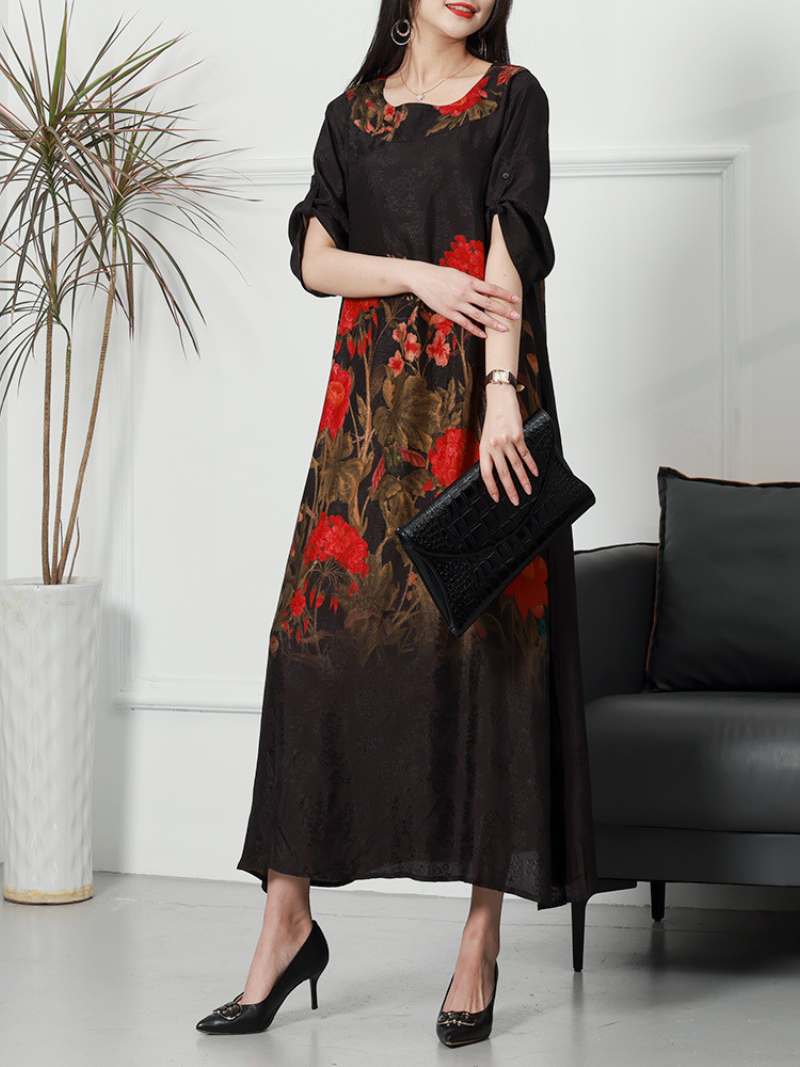 Women's Summer Rayon Round Neck Flowers Print Loose Midi-Dress