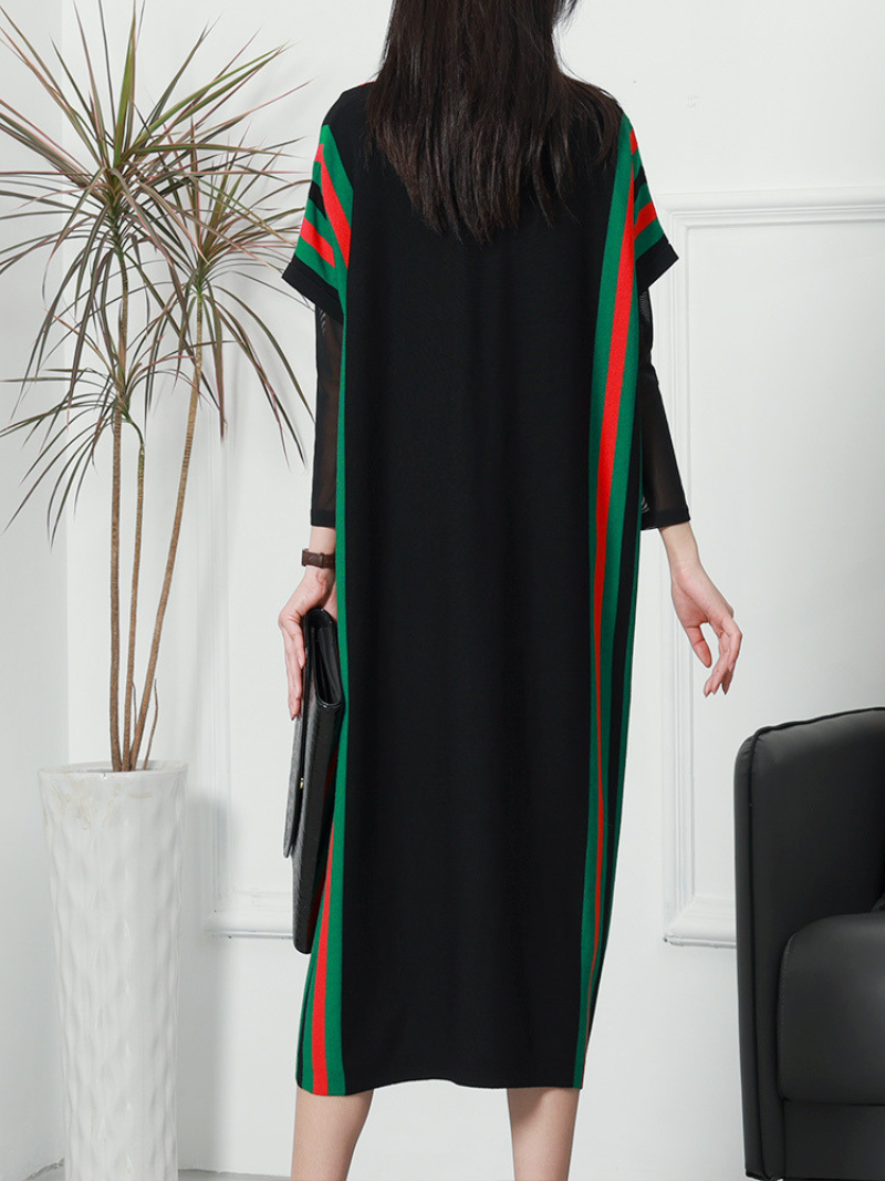 Women's Summer New Stylish Striped Long Bat Sleeve Knitted Midi-Dress