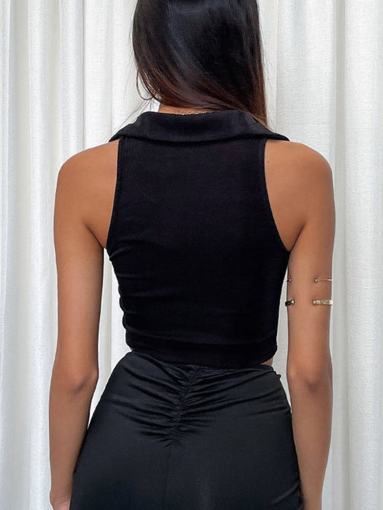 Halter Polo Collar Cropped Pleated Top