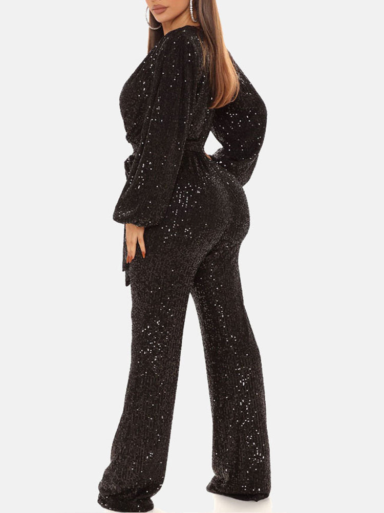 Sequin Long Sleeve V Neck Jumpsuits