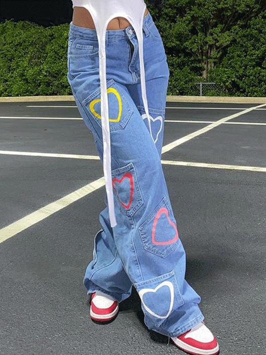 Heart Print Pocket Patch Jeans