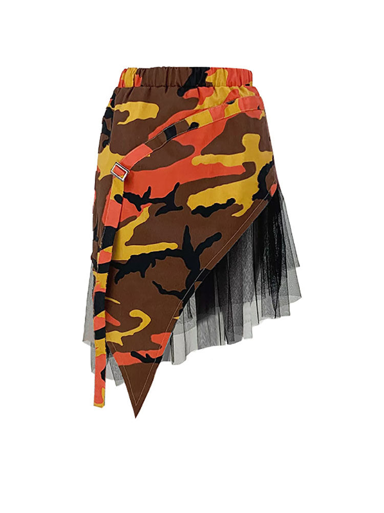 Camouflage Mesh Patchwork Irregular Skirt