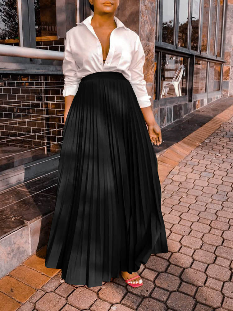 Solid Color High Waist Pleated Skirt