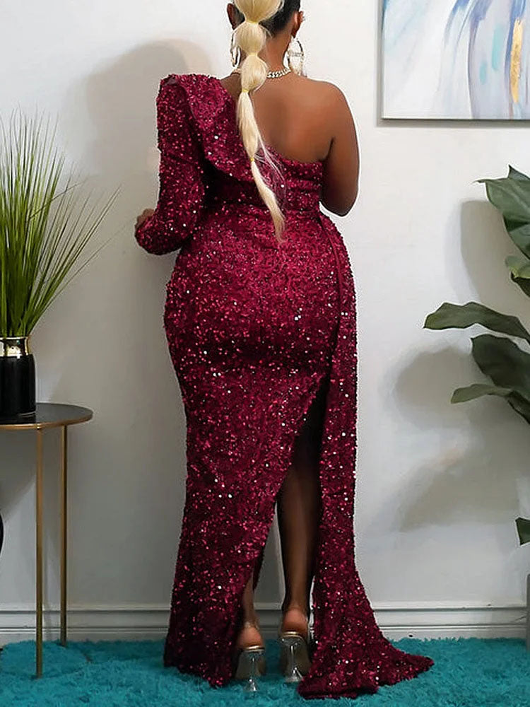 Sequin One Shoulder Slit Ruffle Prom Dresses