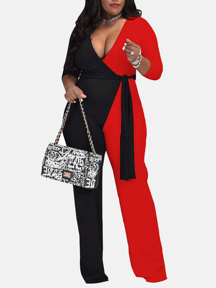 Patchwork V Neck Jumpsuit