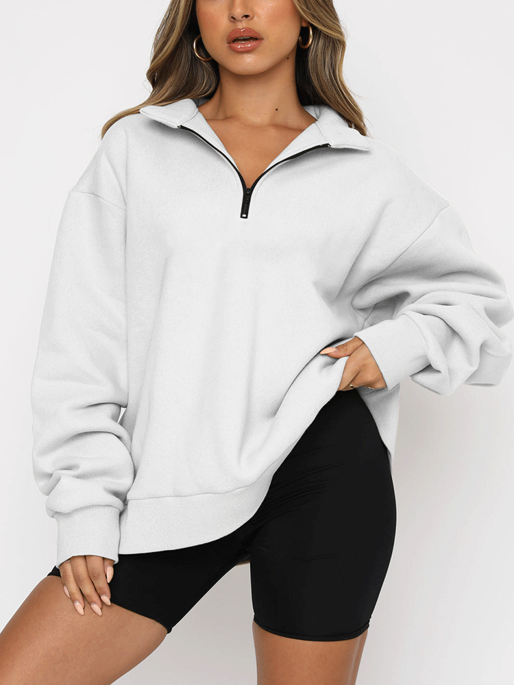 Zip V Neck Long Sleeve Pullover Top