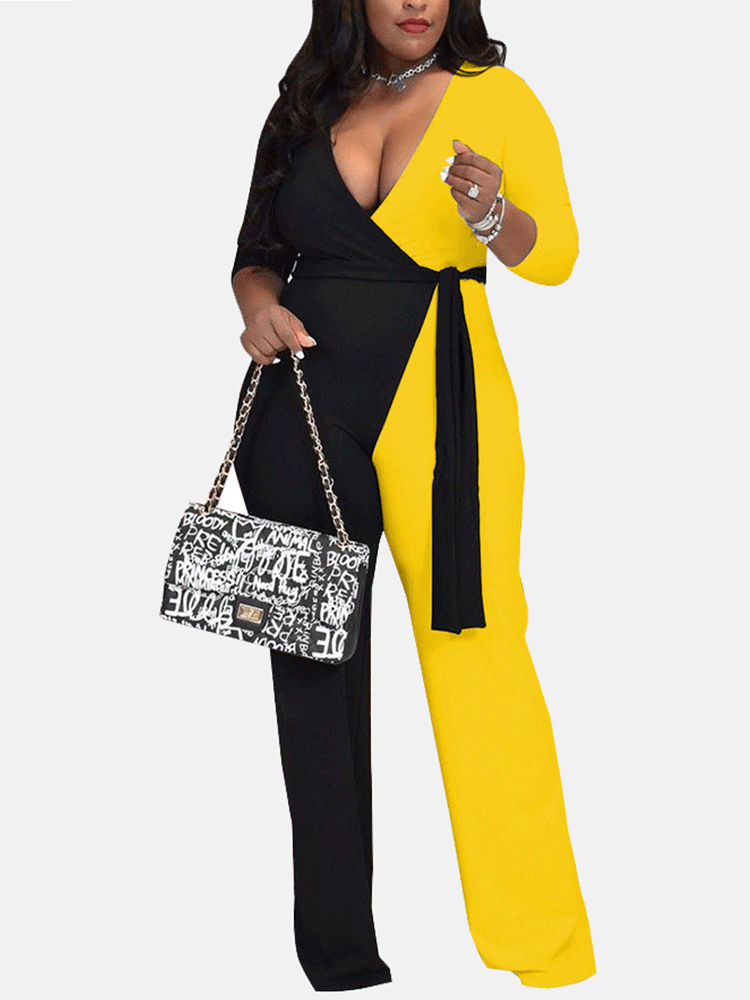 Patchwork V Neck Jumpsuit