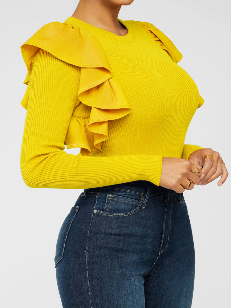 Knit Ruffle Sleeve Solid Tops