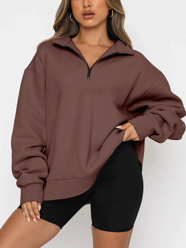 Zip V Neck Long Sleeve Pullover Top