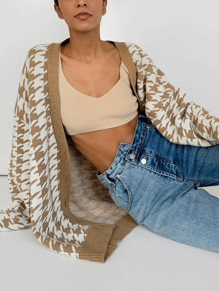 Knitted Houndstooth V Neck Cardigan