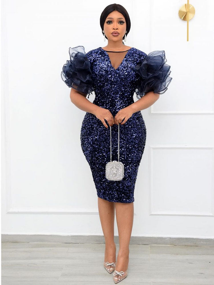 Sequin V Neck Puff Sleeve Party Dress