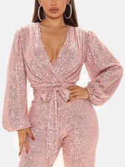 Sequin Long Sleeve V Neck Jumpsuits