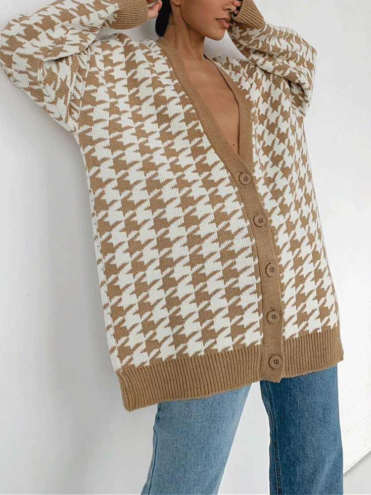 Knitted Houndstooth V Neck Cardigan