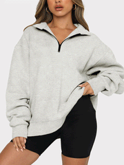 Zip V Neck Long Sleeve Pullover Top