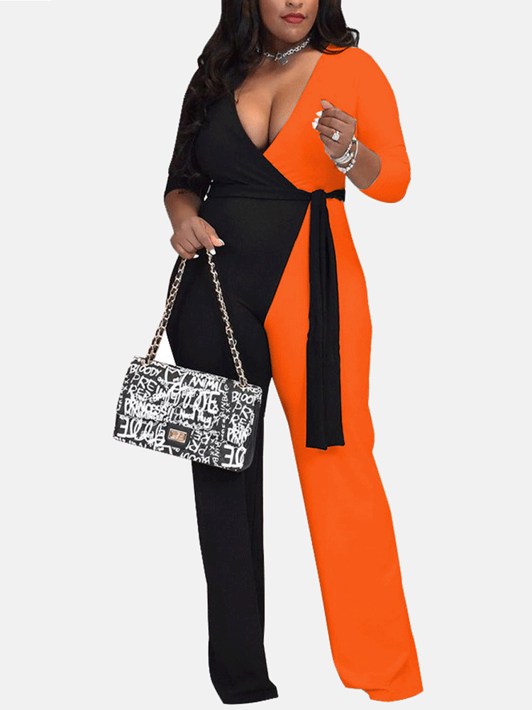 Patchwork V Neck Jumpsuit