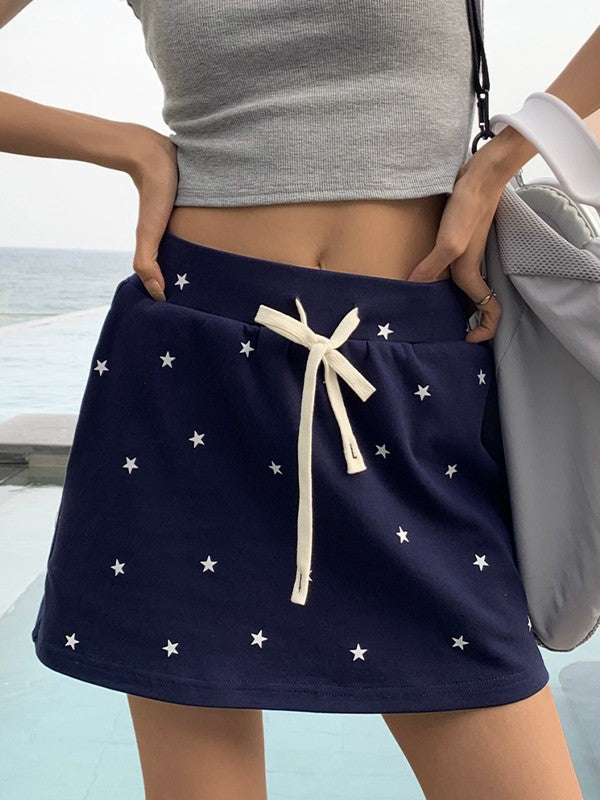 Drawstring Star Print Mini Skirt