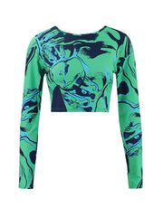 Abstract Print Long Sleeve Crop Top