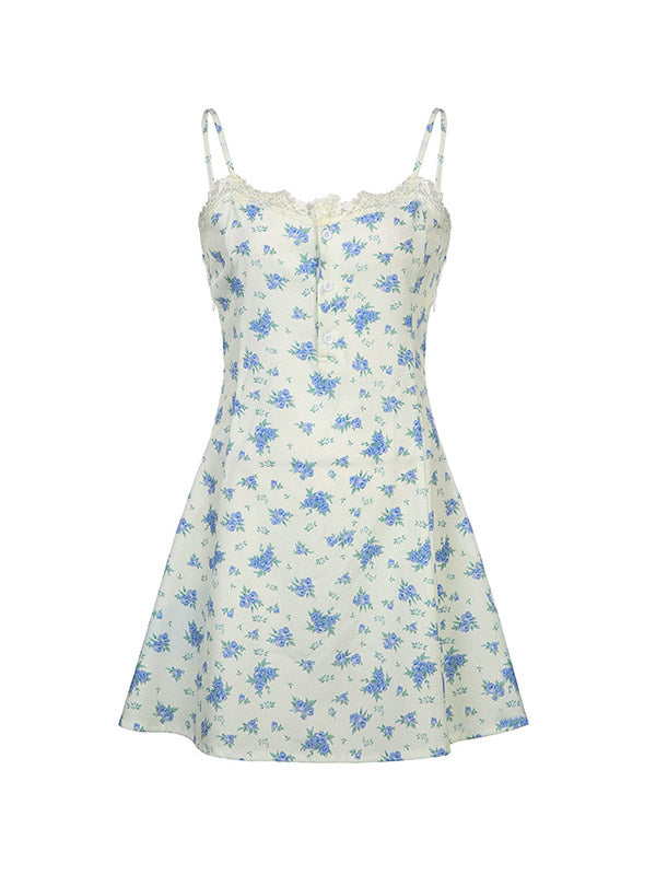 Lace Trim Buttoned Floral Mini Dress