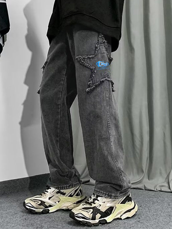 Men's Distressed Star Embroidered Loose Jeans