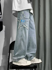 Men's Distressed Star Embroidered Loose Jeans