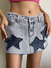 Star Patch Distressed Denim Mini Skirt