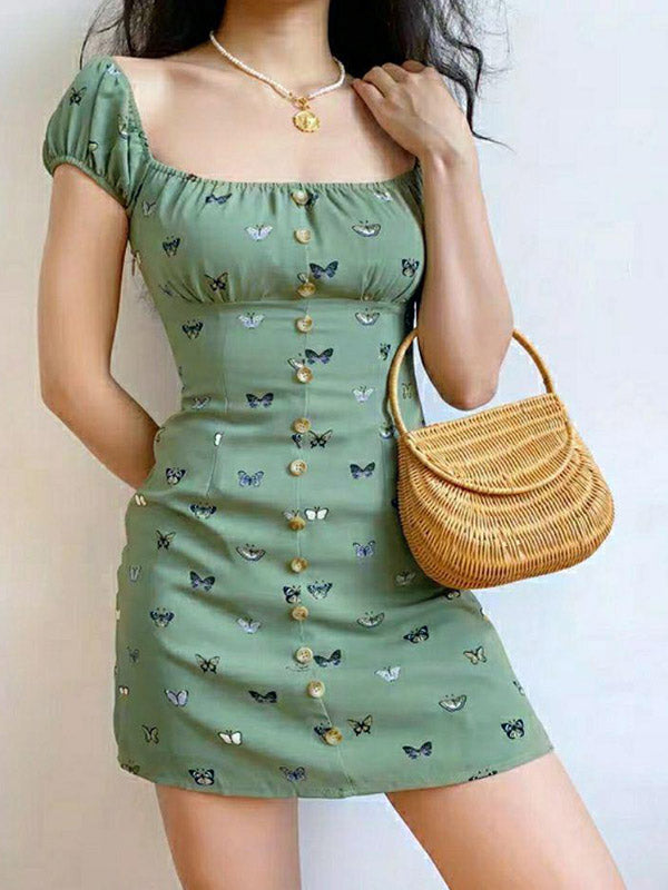 Puff Sleeve Butterfly Mini Dress