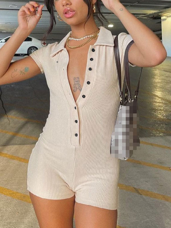 Polo Neck Buttoned Rib Knit Romper