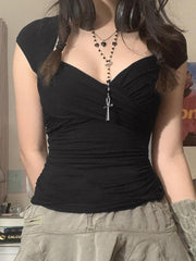 Criss Cross Ruched V Neck Tee