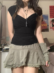 Criss Cross Ruched V Neck Tee