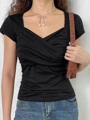 Criss Cross Ruched V Neck Tee