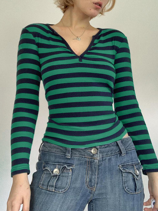 Striped V Neck Long Sleeve Tee