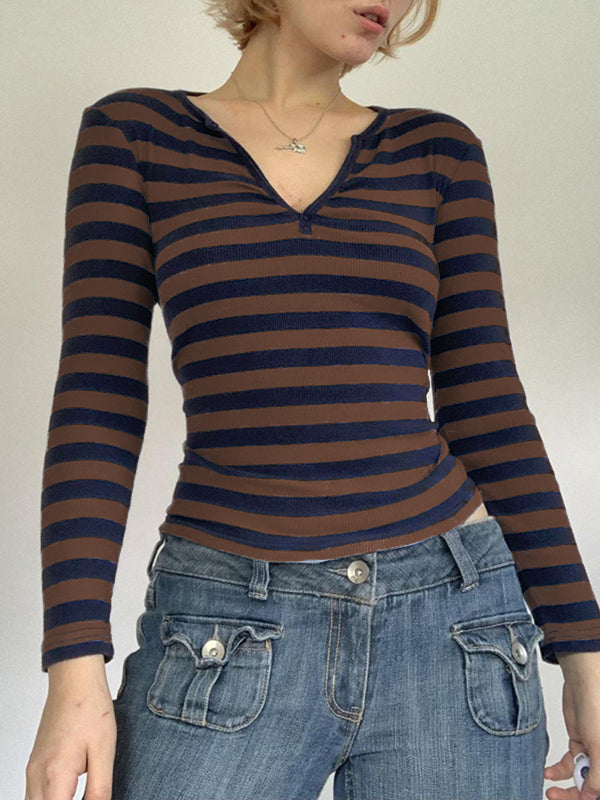 Striped V Neck Long Sleeve Tee